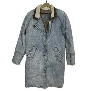 Vintage New York Girl Denim Coat Size Small 90s Oversized Longline Sherpa Collar